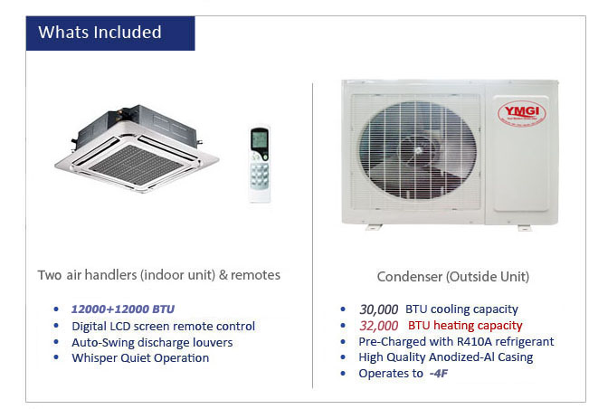 24000 BTU Dual Zone AC + Heat Pump: Ceiling Cassette – 12+12 | HVAC-USA